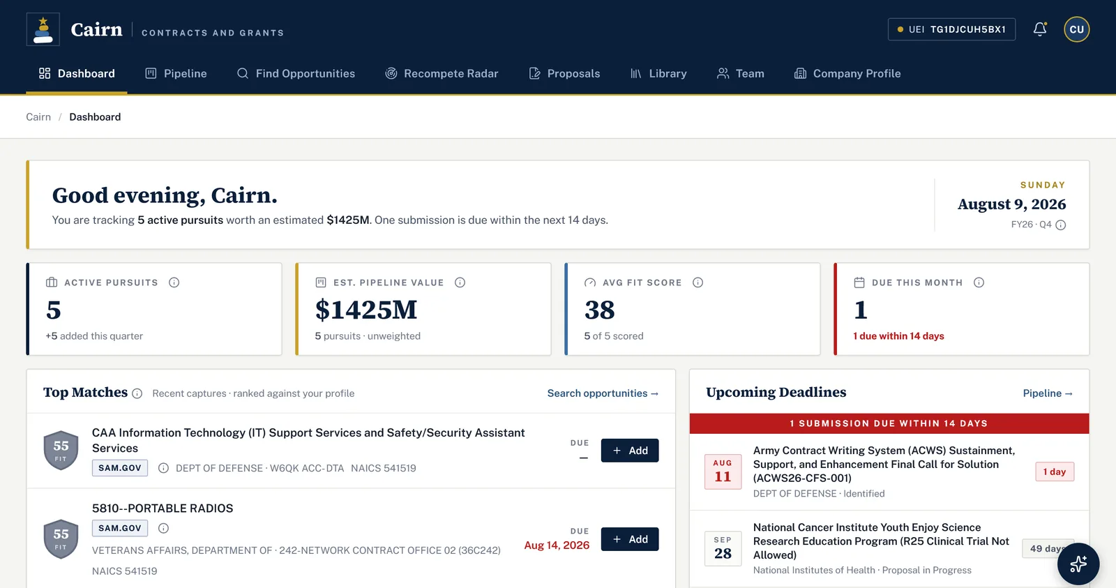 Cairn Federal dashboard with fit-ranked federal opportunity matches
