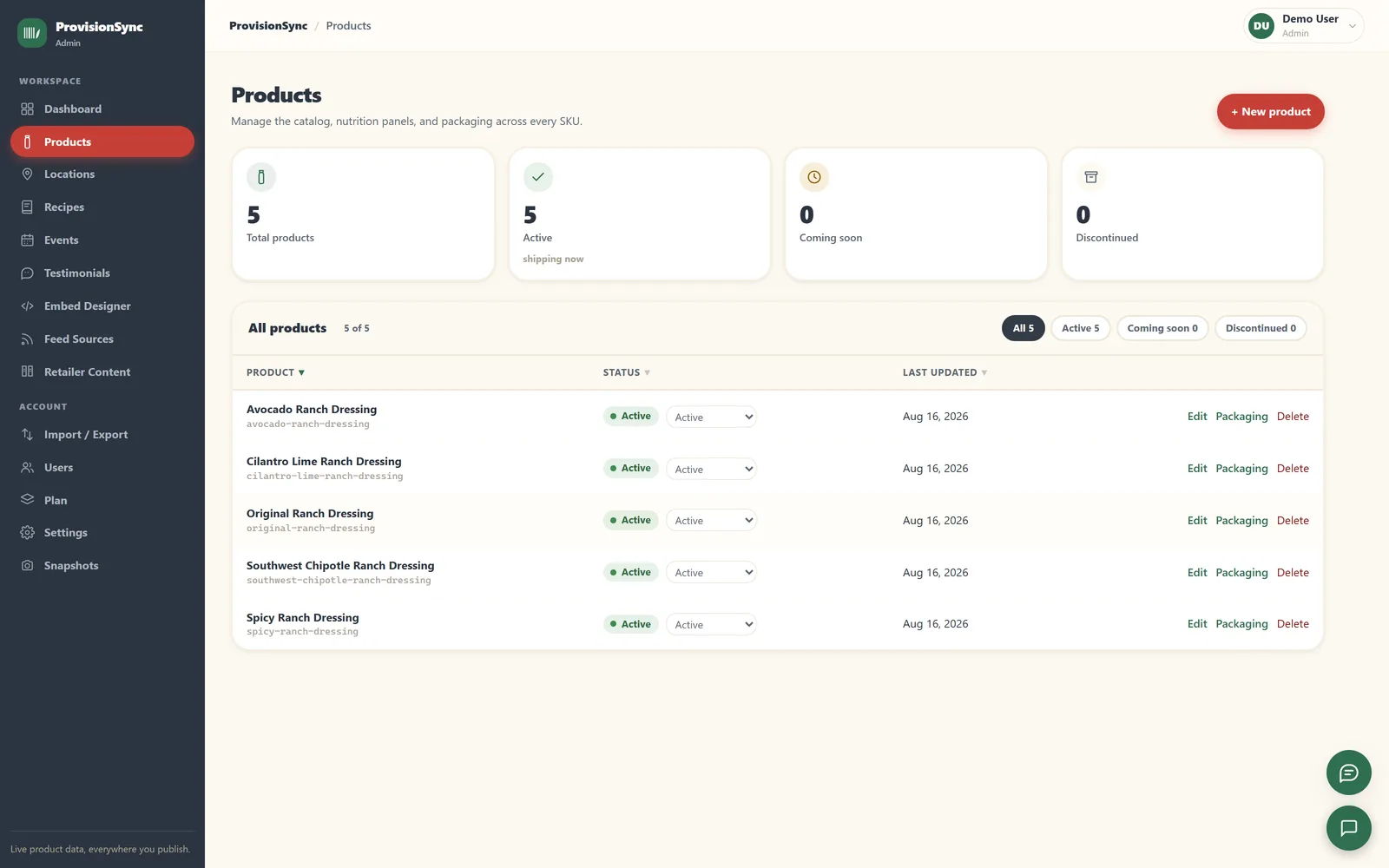 ProvisionSync products list with status and packaging